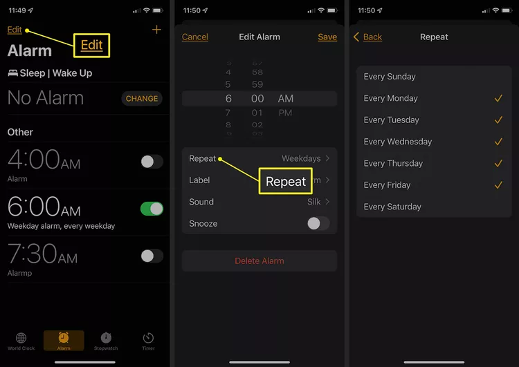 iphone repeat alarm settings