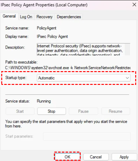 ipsec policy agent startup type