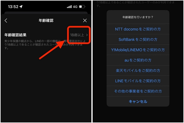 年齢確認結果をタップし、契約している通信キャリアを選択します