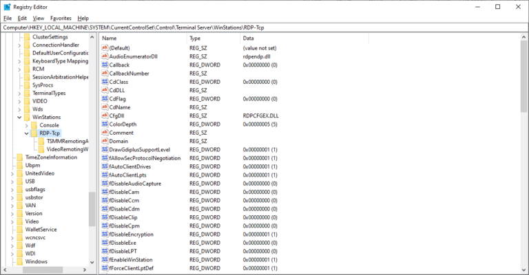 Locate RDP registry key