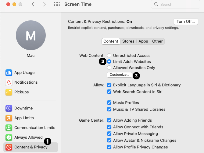 Mac Screen Time limit adult websites