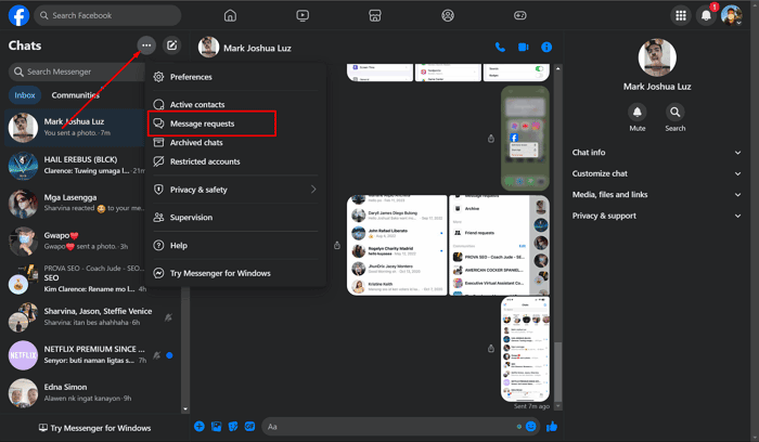 check Message Requests on Facebook website