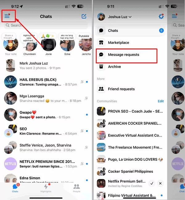 comprobar las solicitudes de mensajes en Messenger