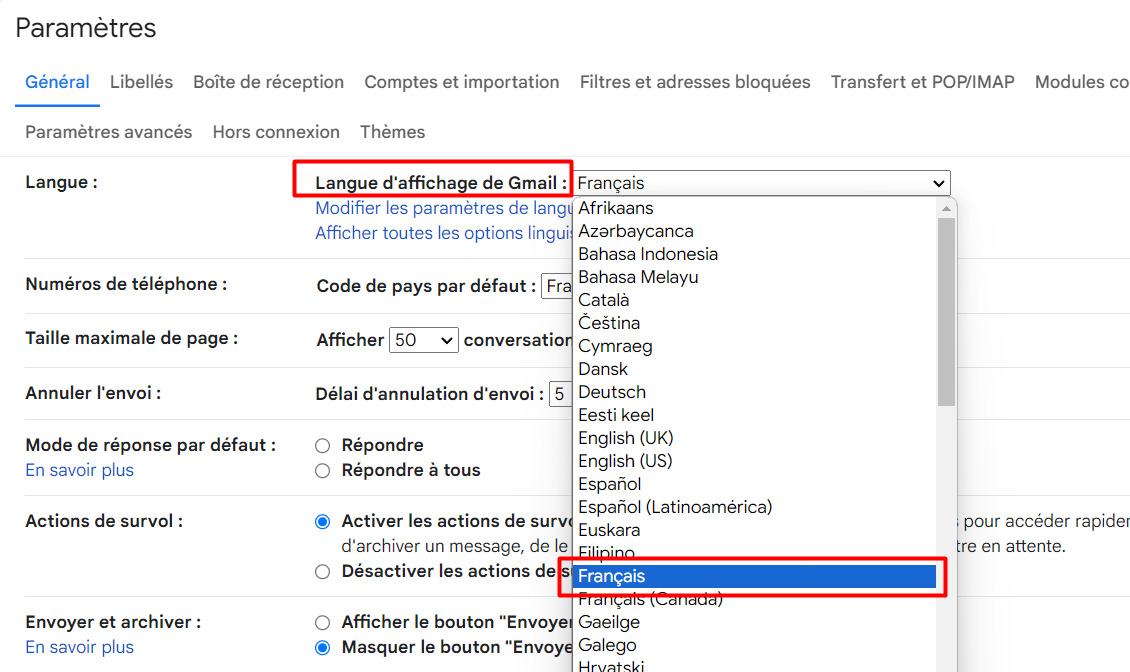 Mettre Gmail en français