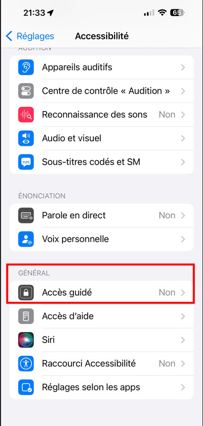 Réglages accès guidé