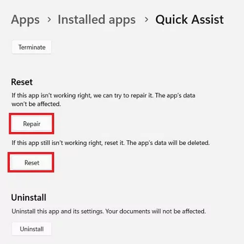 Repair Reset Quick Assist