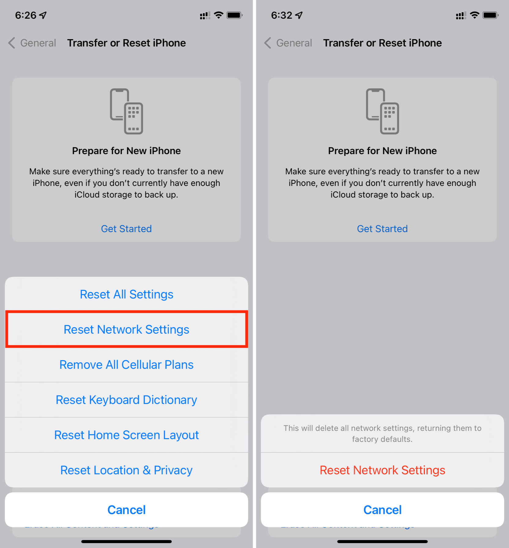 reset network settings iphone