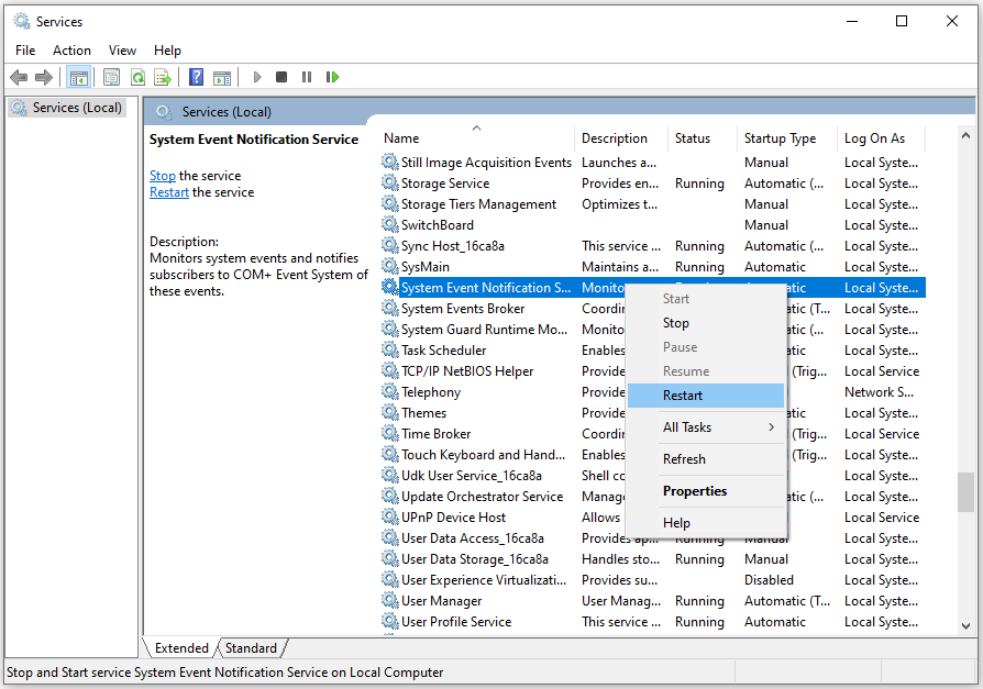 restart system event notification service