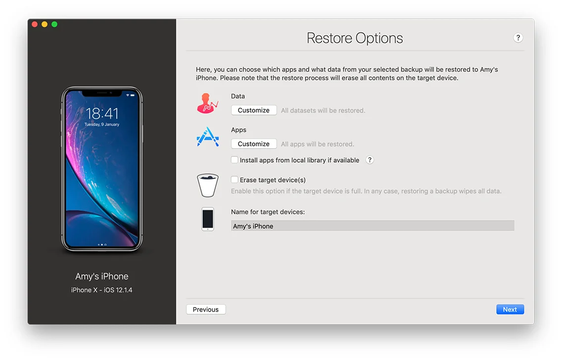 restore options customize