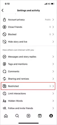 restrict someone through Instagram settings