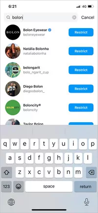 Search someone to restrict through Instagram settings