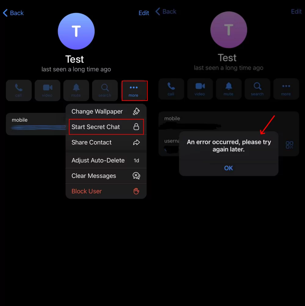 secret chat failed on Telegram