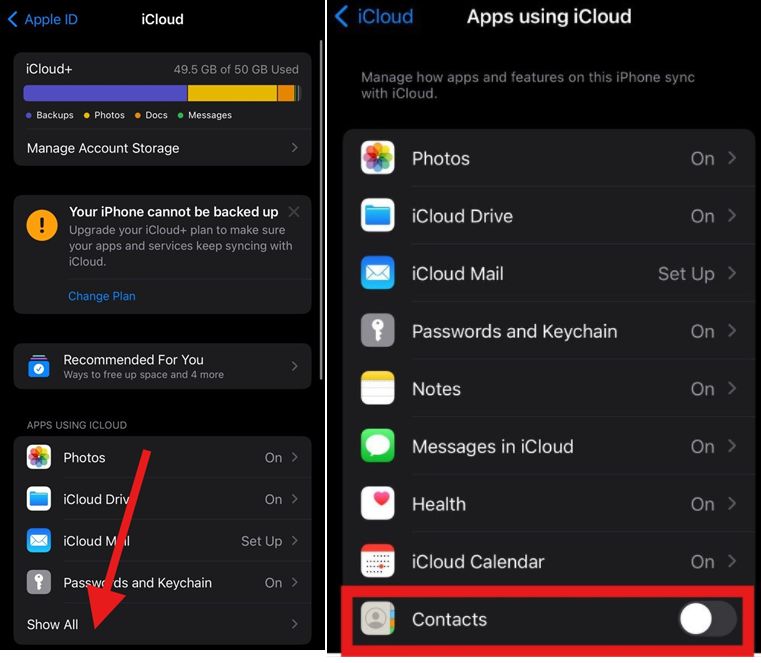 turn on Contacts backup to iCloud