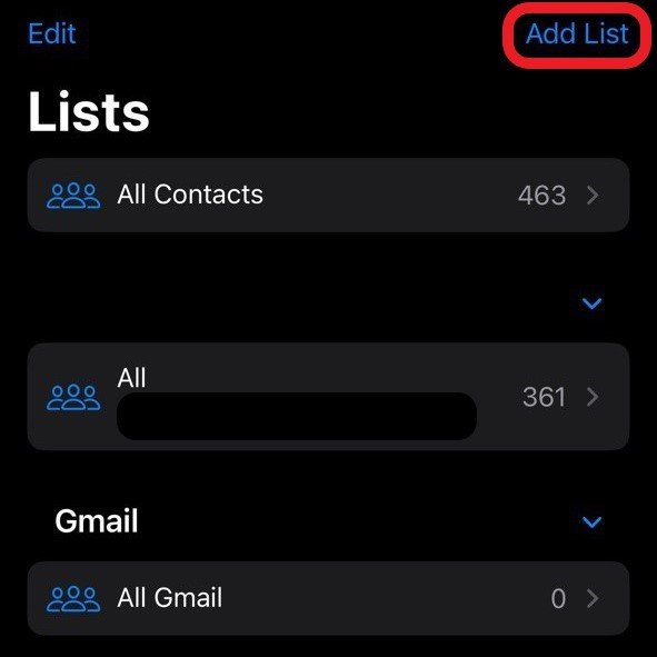 Add List in Contacts app