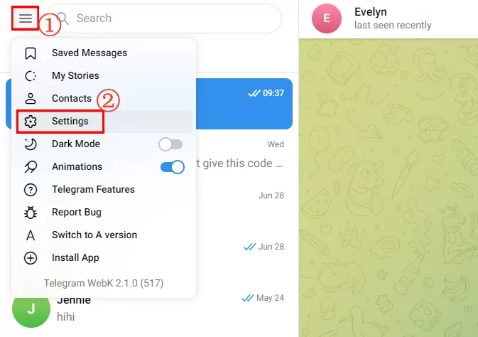 Telegram web settings