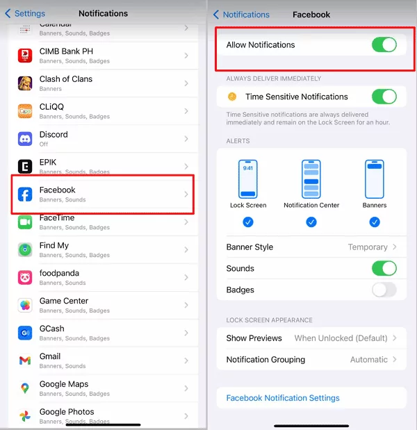 desactivar Permitir notificaciones Facebook en iPhone