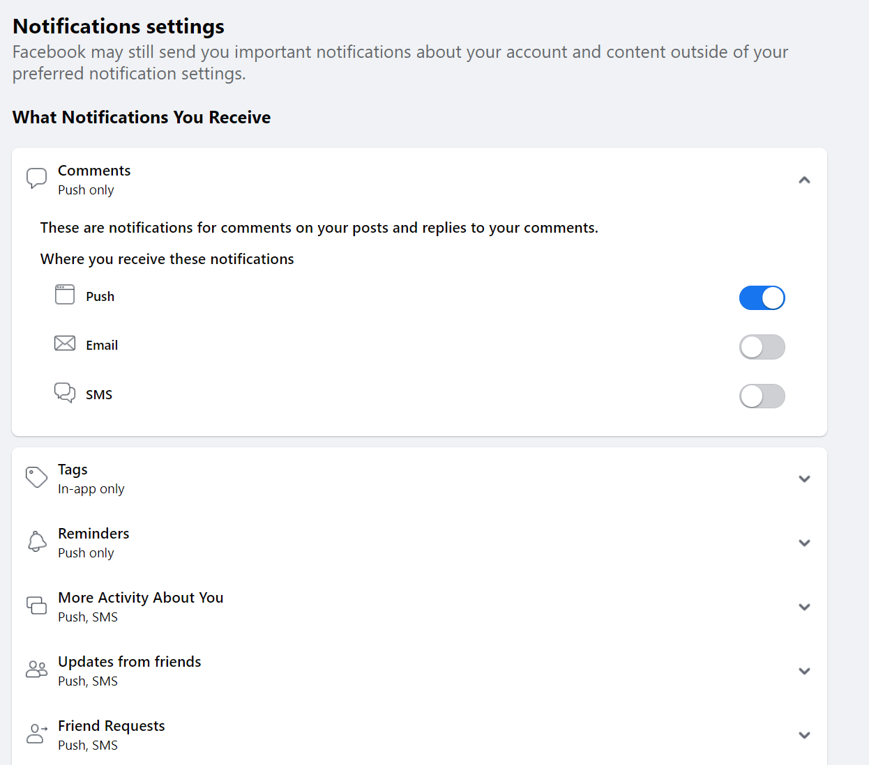 toggle off certain notifications on Facebook website