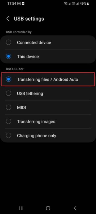 transfer files option