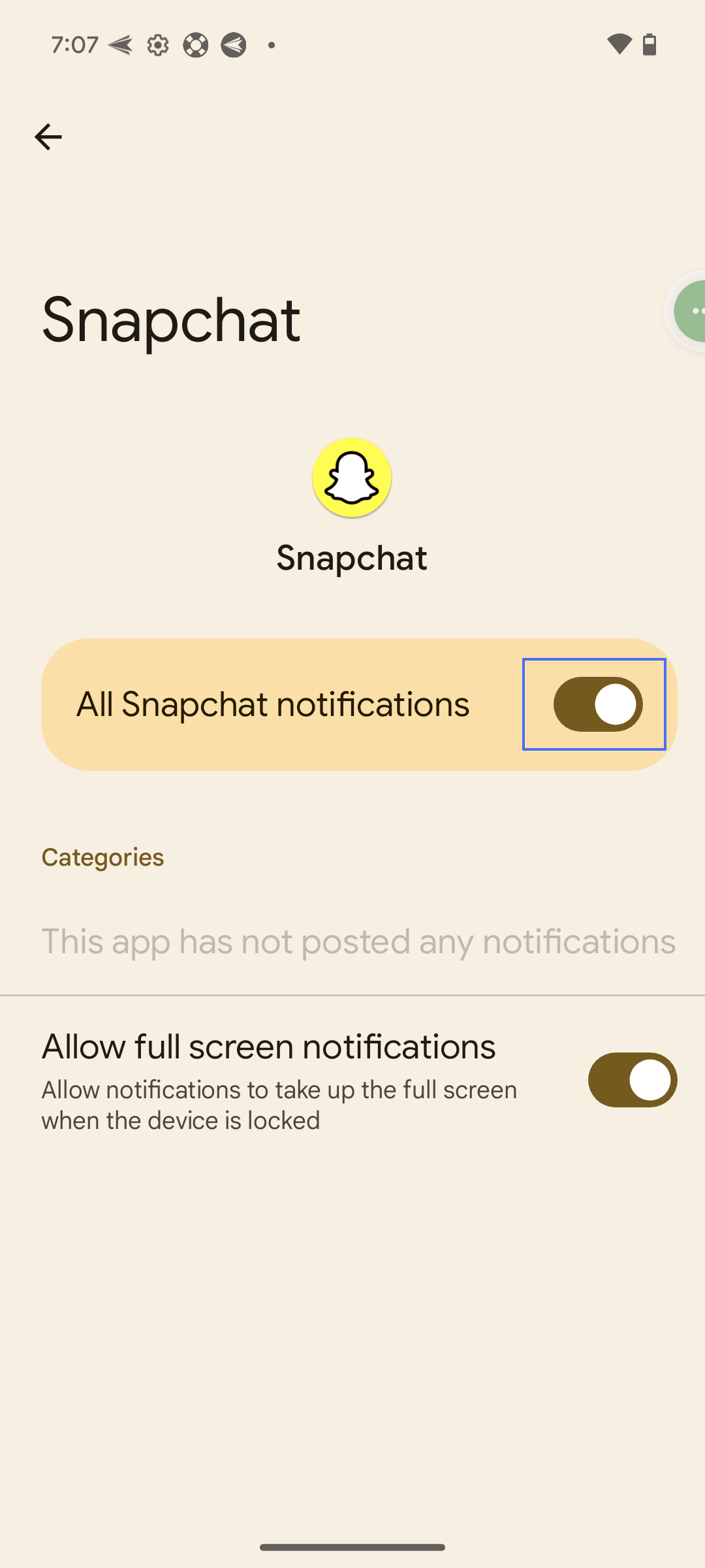 Desativar todas as notificações no Snapchat para Android