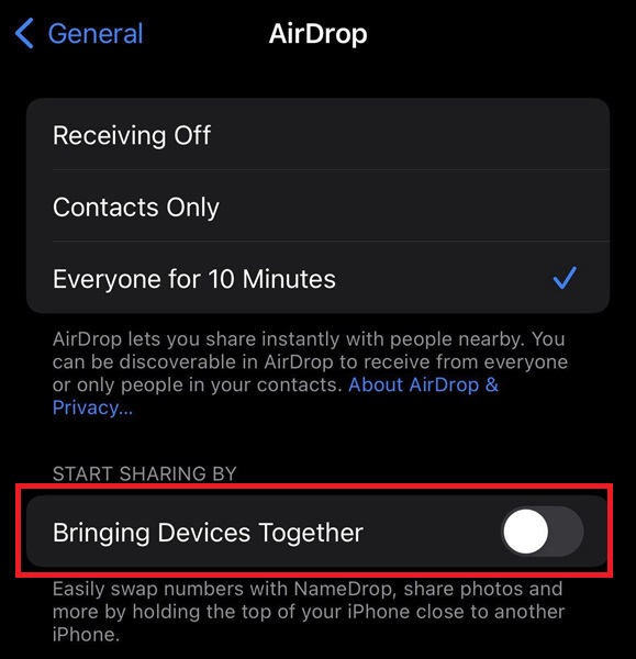 turn off contact sharing for NameDrop