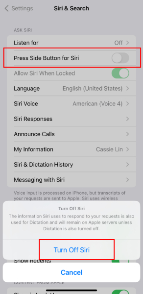 Désactiver Bouton latéral pour Siri