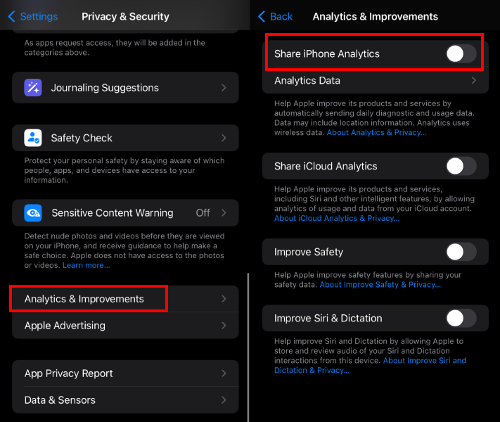 turn off share iPhone analytics