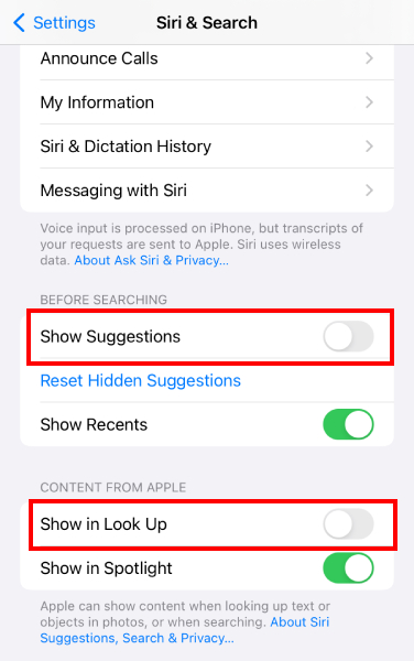 turn off suggestion on iPhone