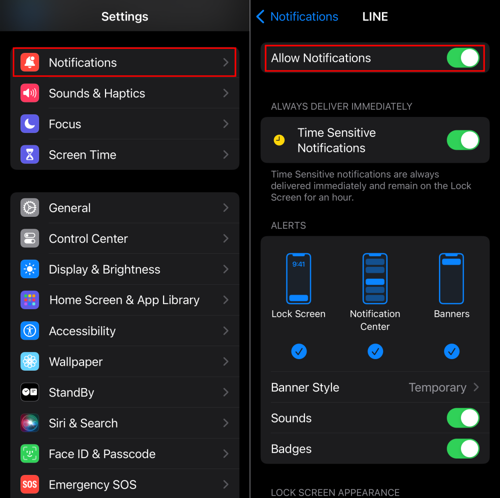 turn on LINE notifications on iPhone Settings