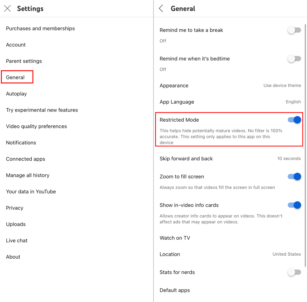turn on Restricted Mode on YouTube mobile