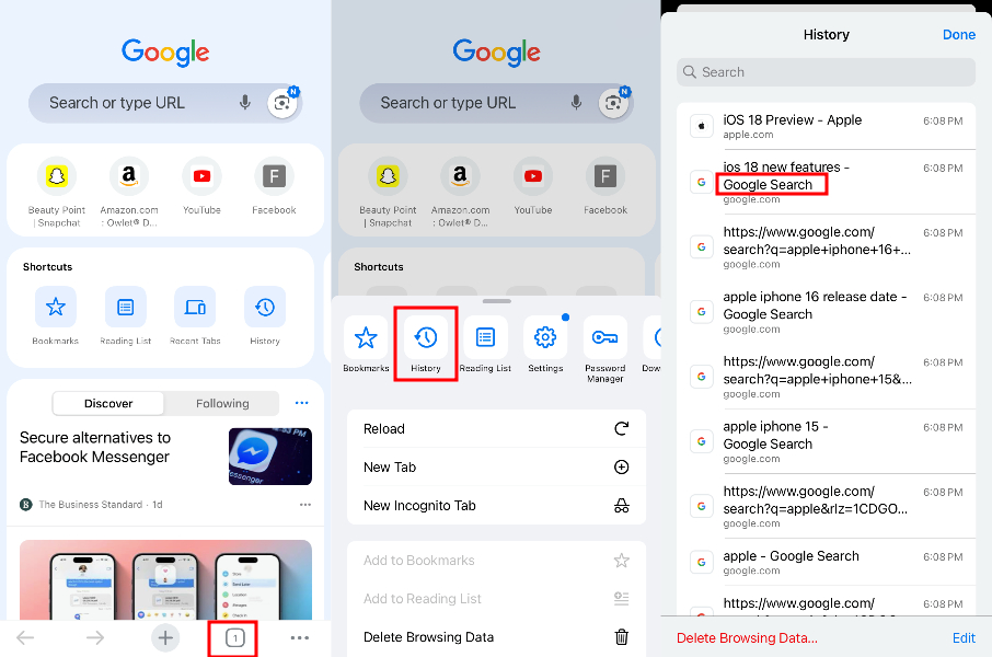 Google Chrome how to check search history on iPhone