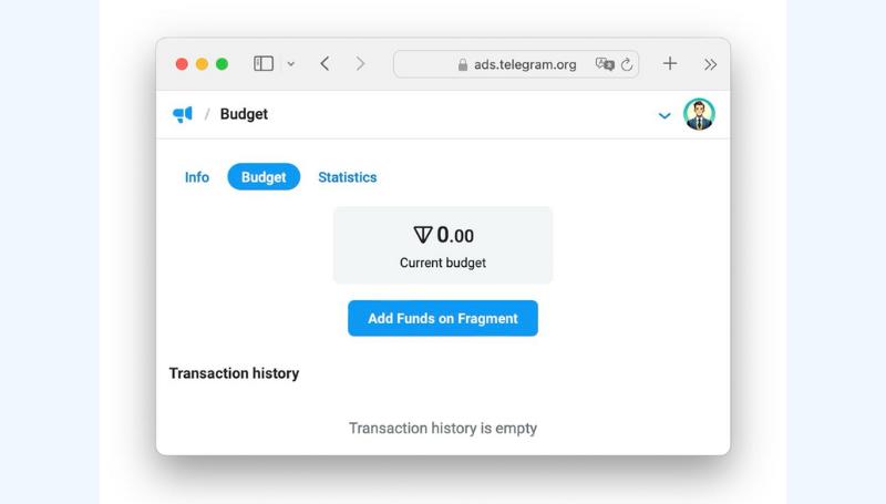 Add funds on Telegram ads