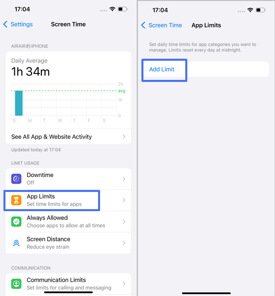 tocca Aggiungi limite in Limiti app