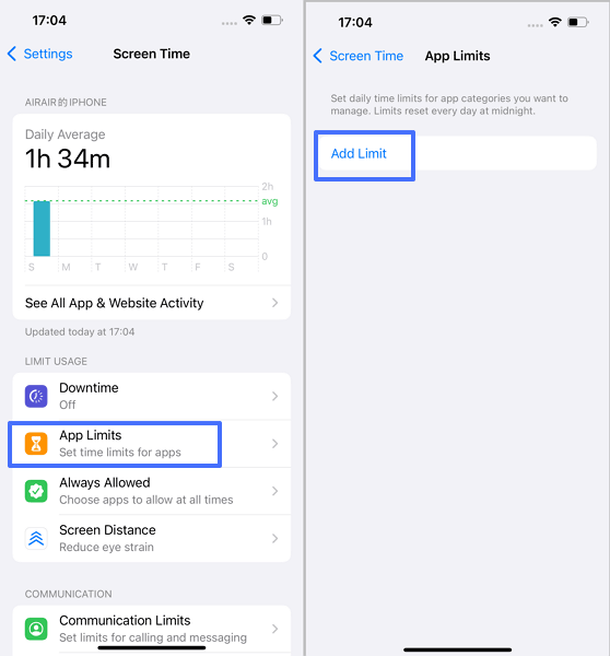 tap Add Limit in App Limits