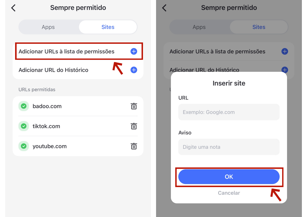 adicione sites à lista de permissões