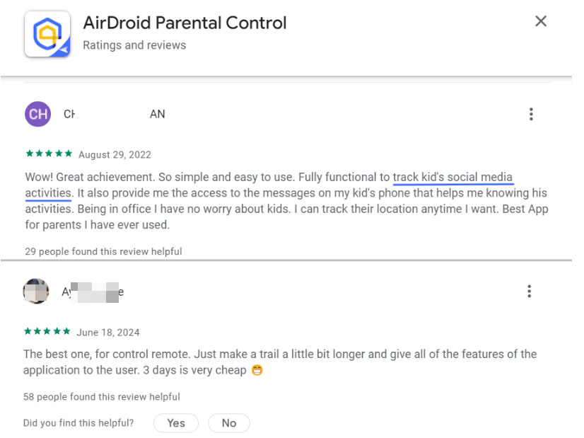 AirDroid Parental Controlの顧客レビュー