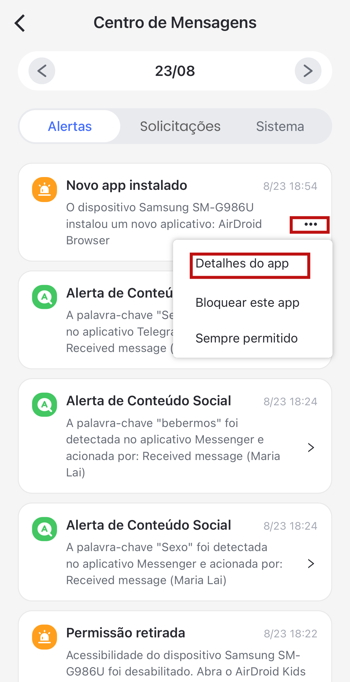 alertas em solicitações