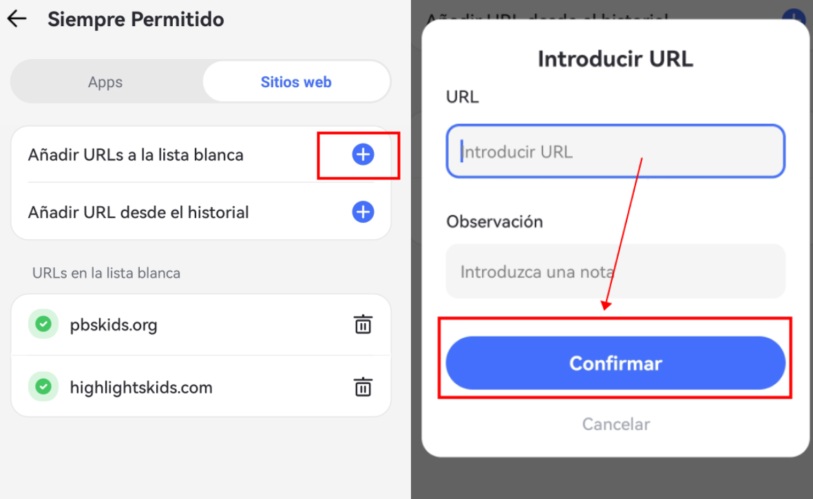 añadir sitios web a la lista de permitidos