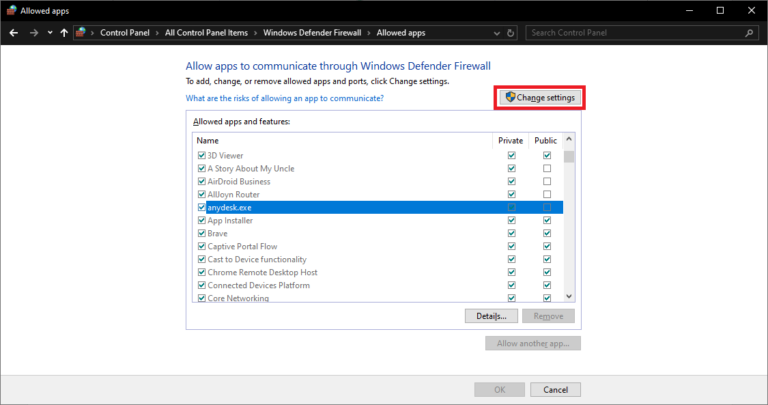 change firewall settings