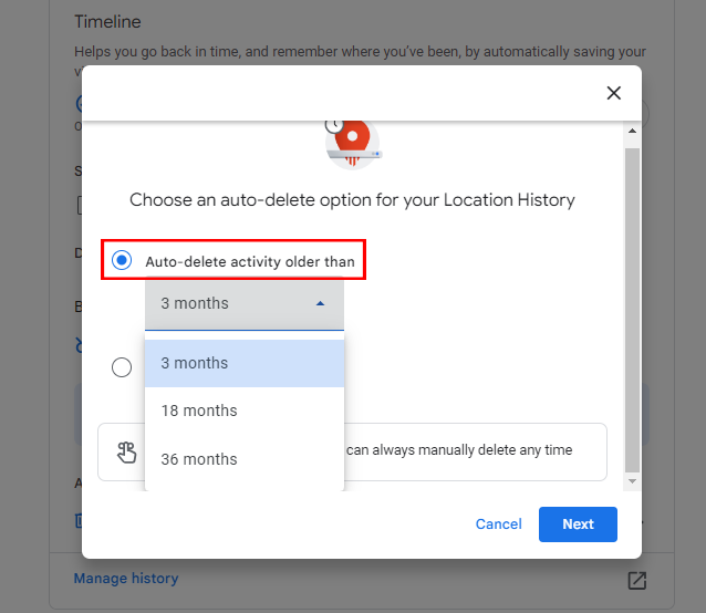 choose auto-delete option for Google Maps