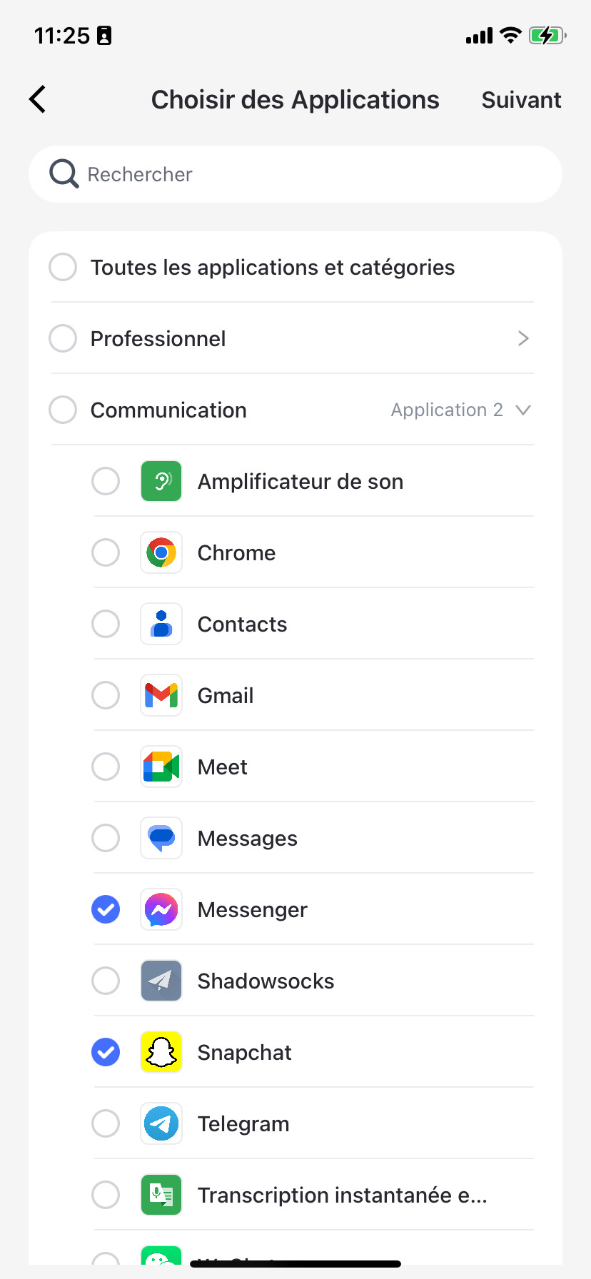 Cocher les applications ou catégories pour limiter