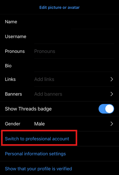 Switch to professional account