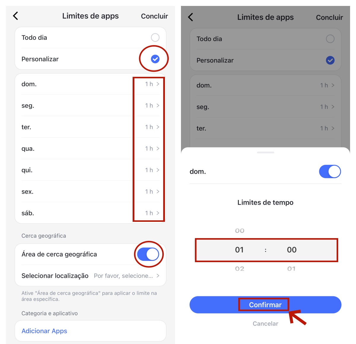 defina limites diferentes para o aplicativo em cada dia