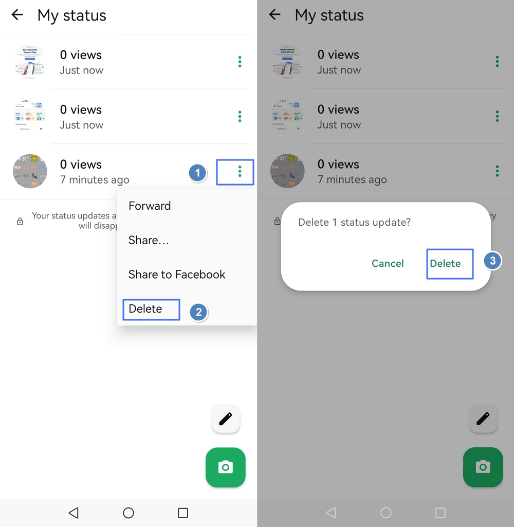 delete a status on WhatsApp Android