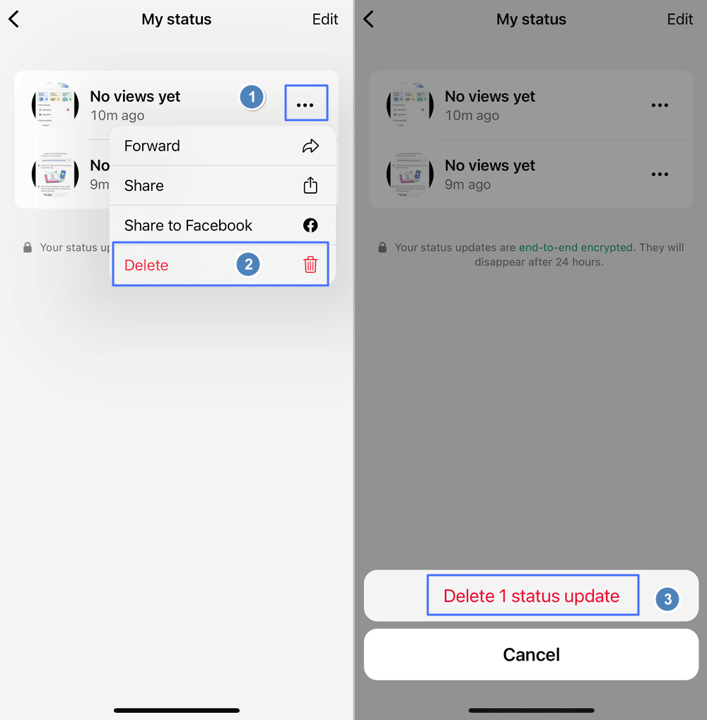 delete a status on WhatsApp iPhone