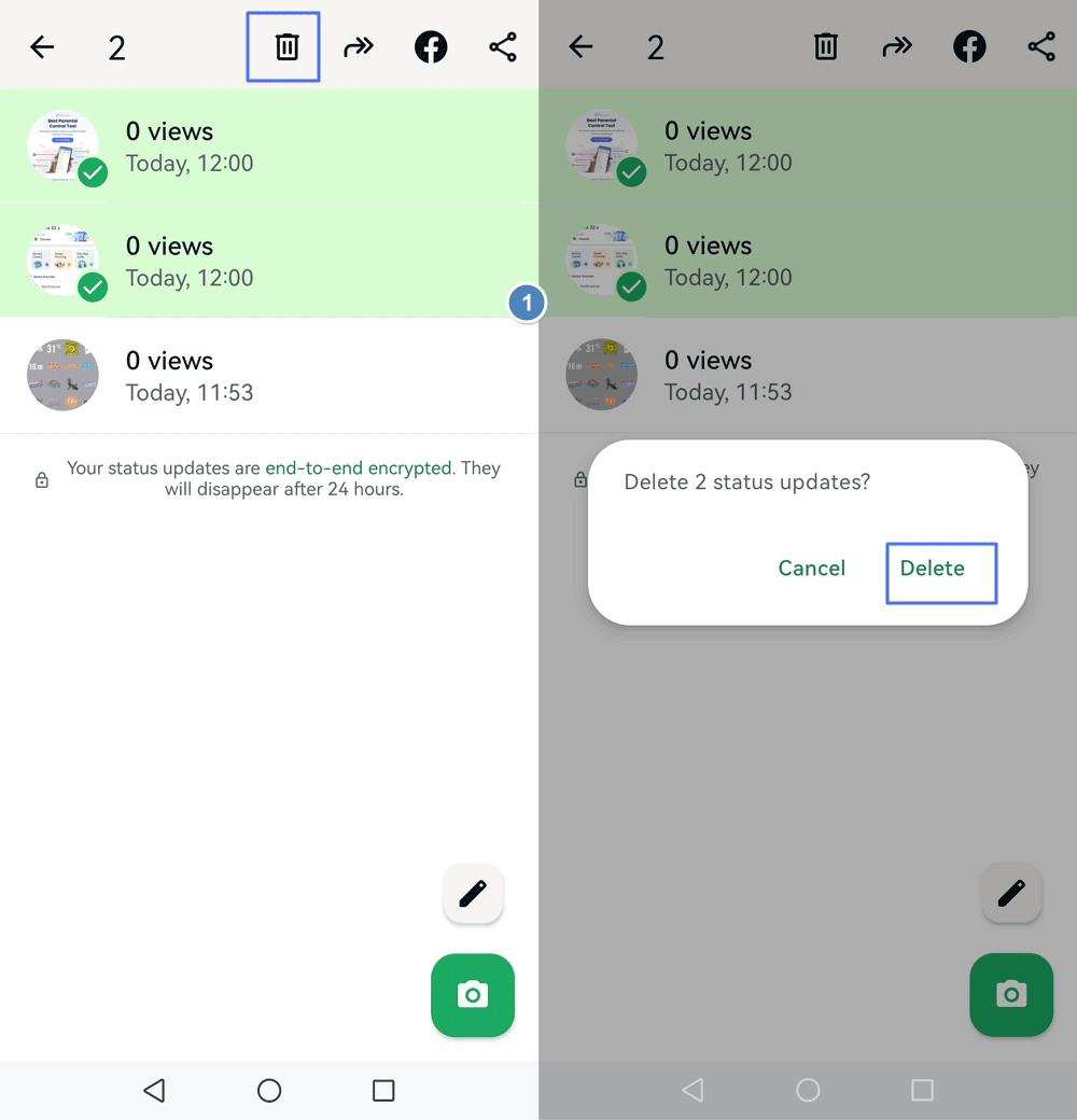 delete multiple Status on WhatsApp Android
