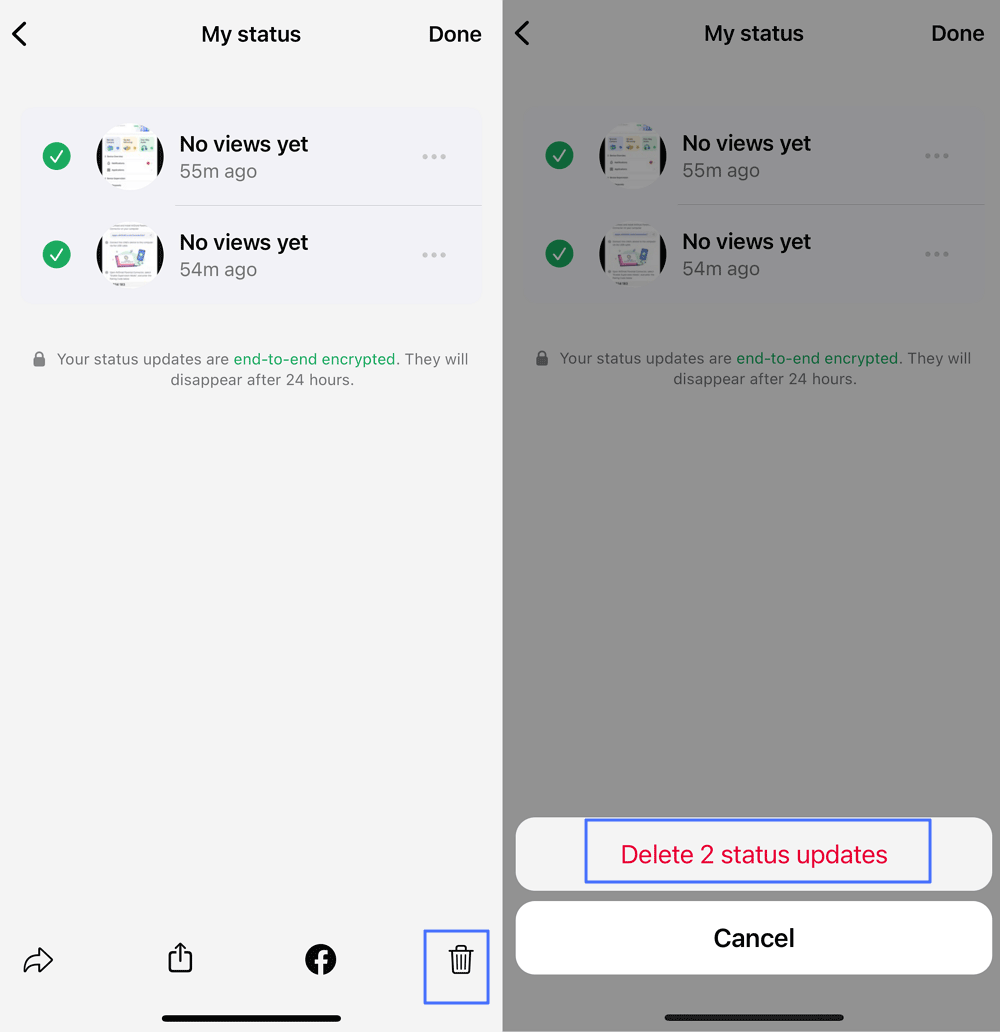 delete multiple Status on WhatsApp iPhone