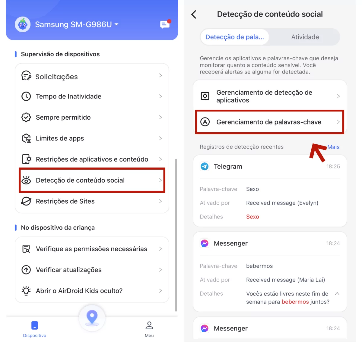 toque em detecção de conteúdo social