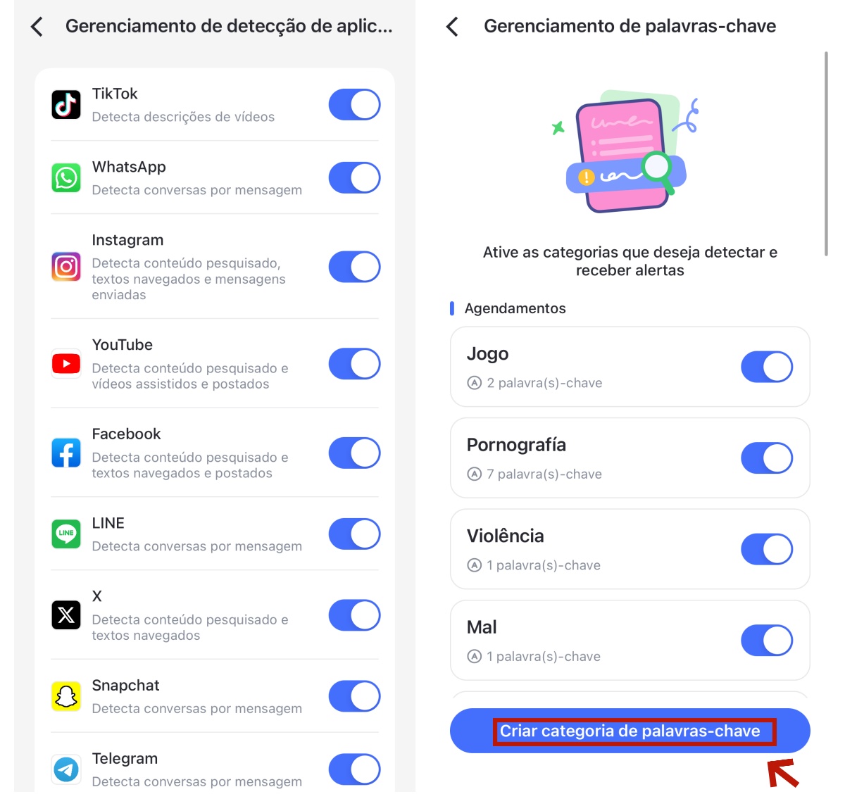 Recurso de detecção de conteúdo social do AirDroid Parental Control