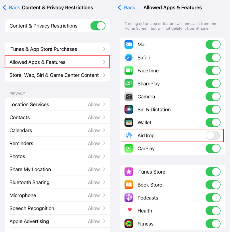 disable AirDrop from Screen Time