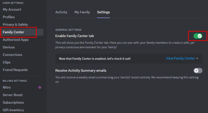 enable Discord family center